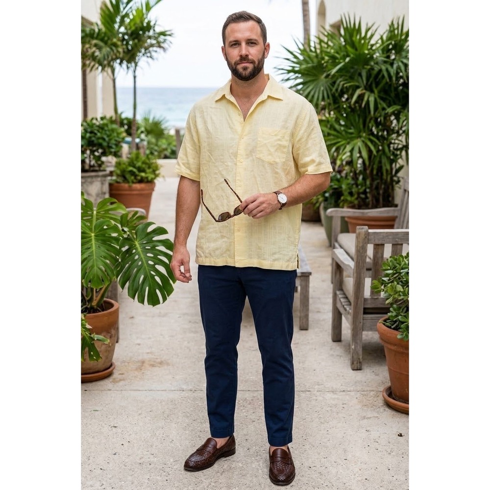 Caribbean Mens Medium Yellow Linen Cotton Short Sleeve Camp Collar Button Up